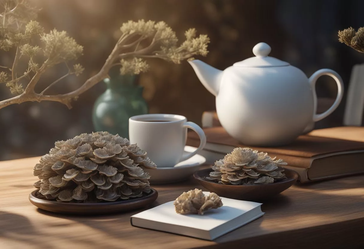 A steaming cup of maitake mushroom tea sits on a wooden table, surrounded by dried maitake mushrooms and a book on herbal remedies