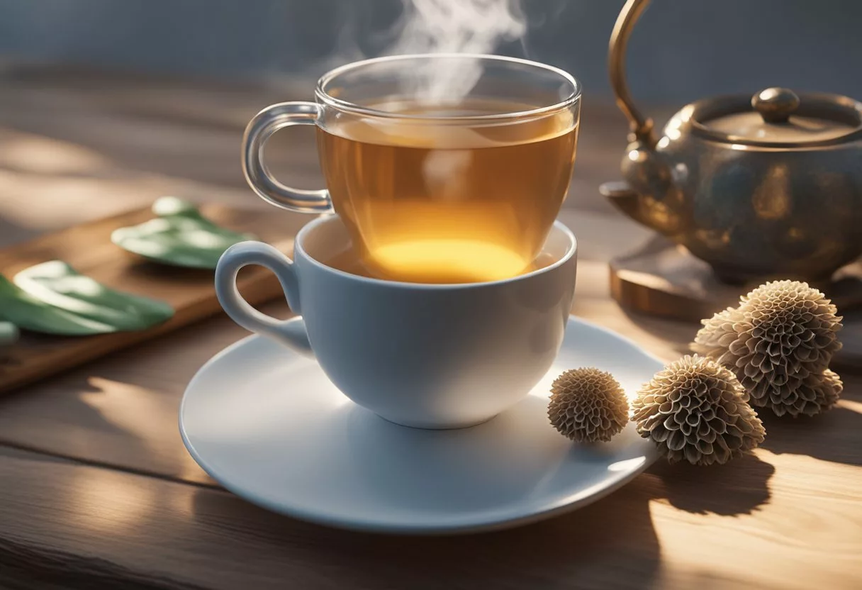 A steaming cup of maitake mushroom tea sits on a wooden table, surrounded by fresh maitake mushrooms and a small teapot