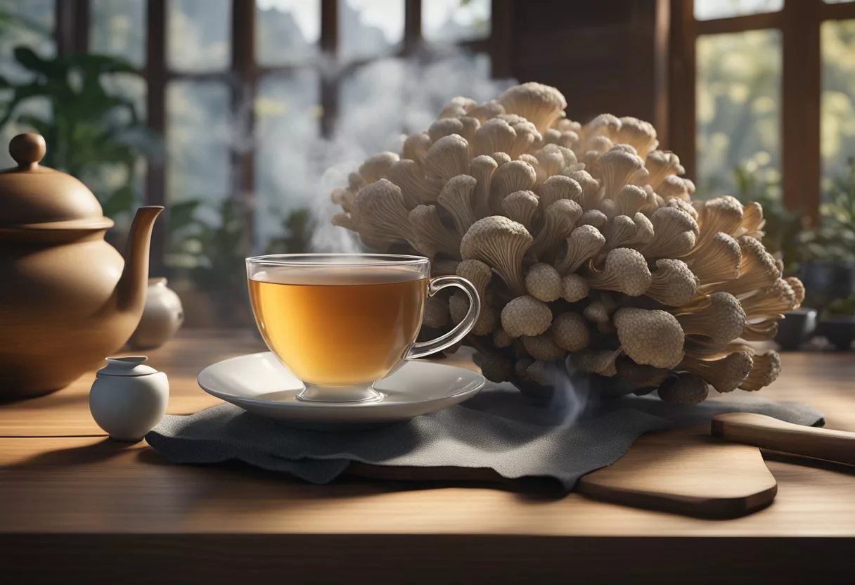 A steaming cup of maitake mushroom tea sits on a wooden table, surrounded by fresh maitake mushrooms and a teapot