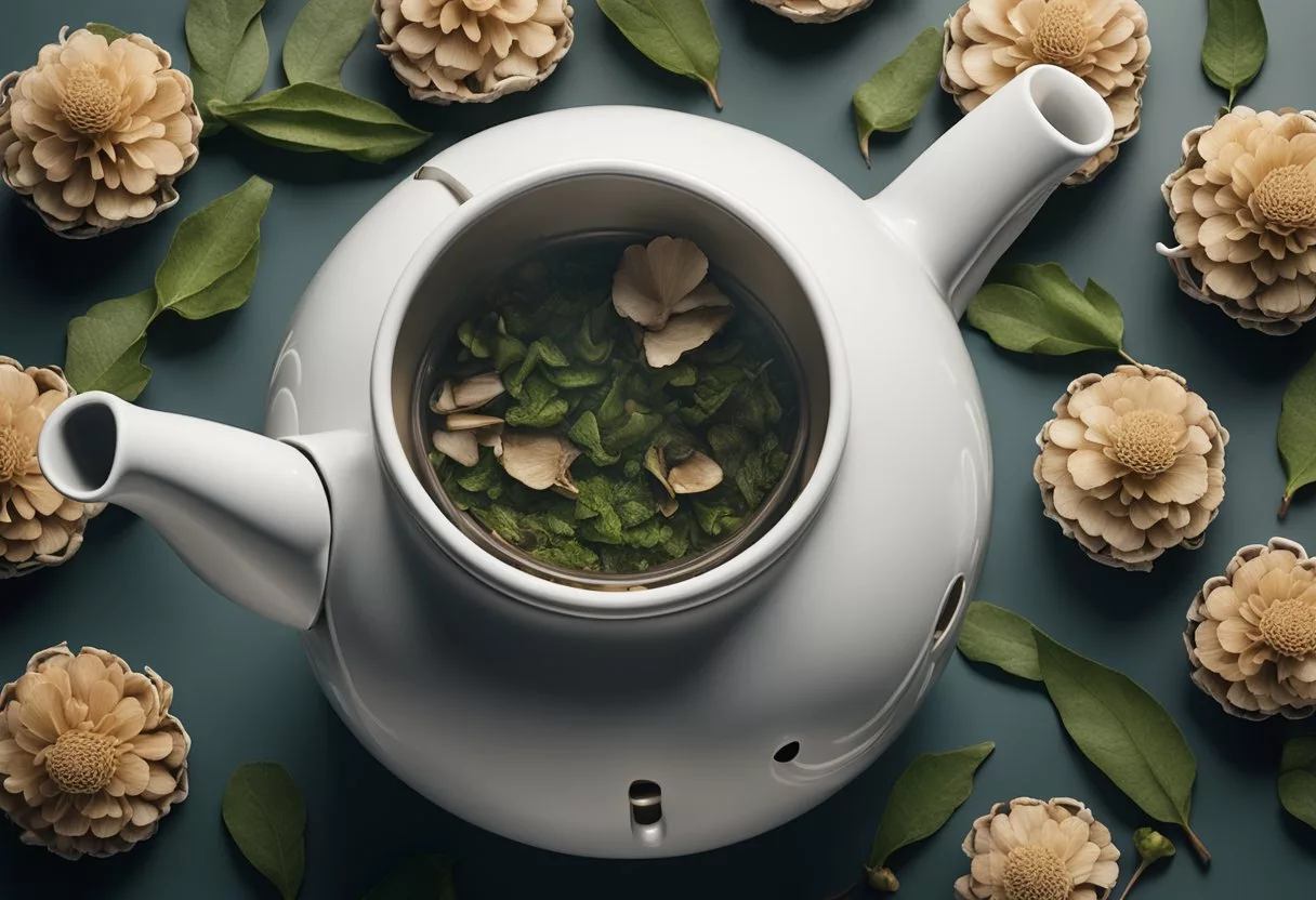 An aerial view of maitake mushrooms steeping in a teapot, surrounded by loose tea leaves and steam rising from the pot