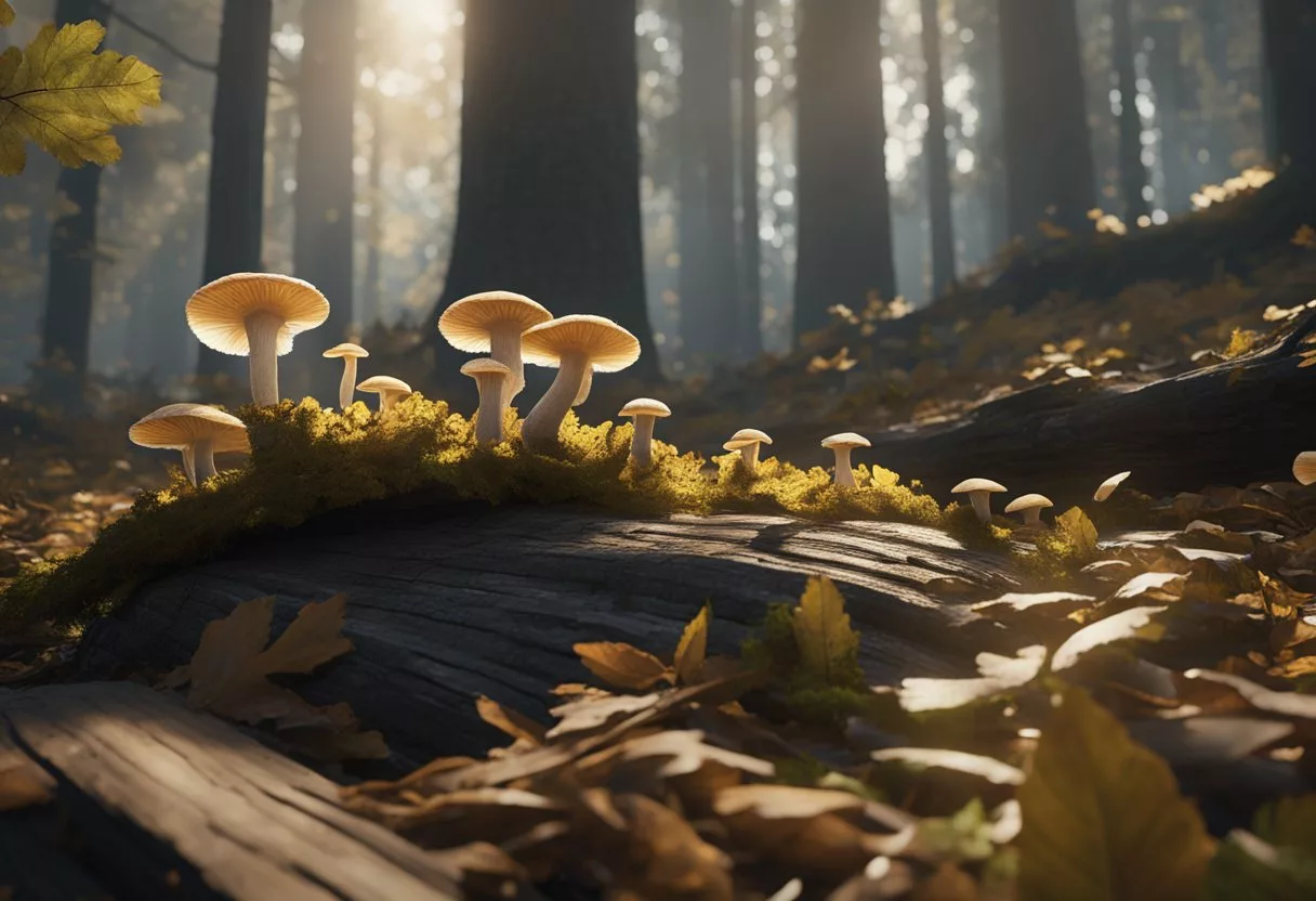 A cluster of turkey tail mushrooms grows on a decaying log in a dense forest, surrounded by fallen leaves and dappled sunlight