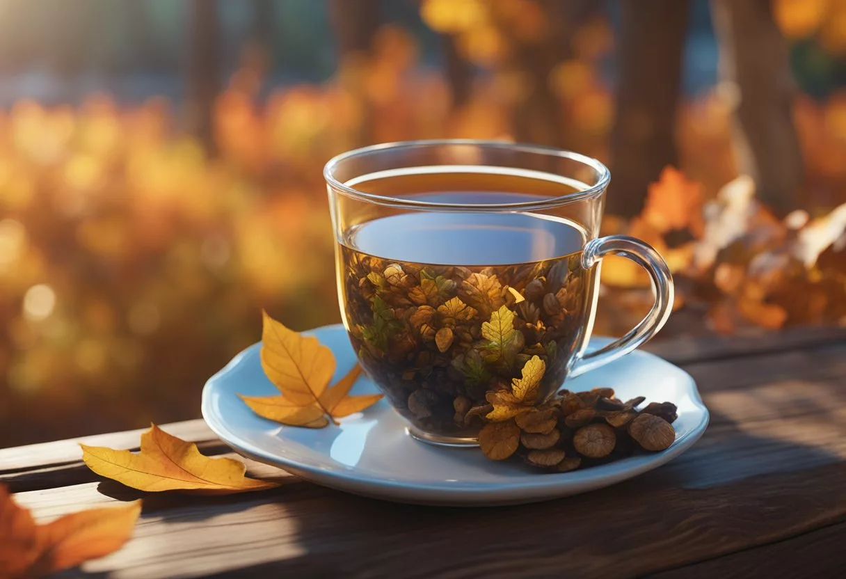 A steaming cup of turkey tail mushroom tea sits on a wooden table, surrounded by vibrant autumn leaves and a cozy atmosphere