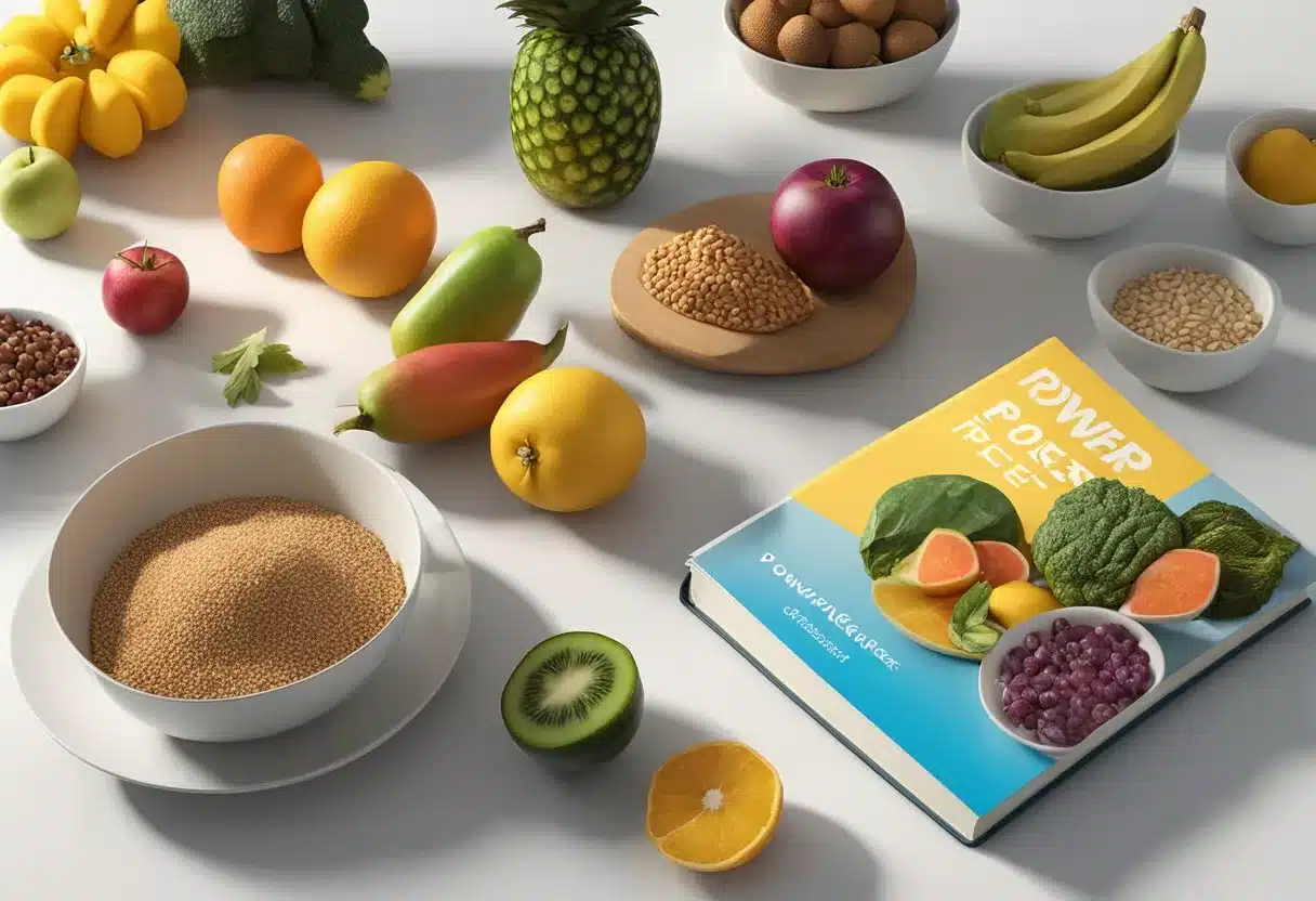 A colorful array of fruits, vegetables, whole grains, and lean proteins displayed on a table with a book titled "Power Foods Diet" nearby