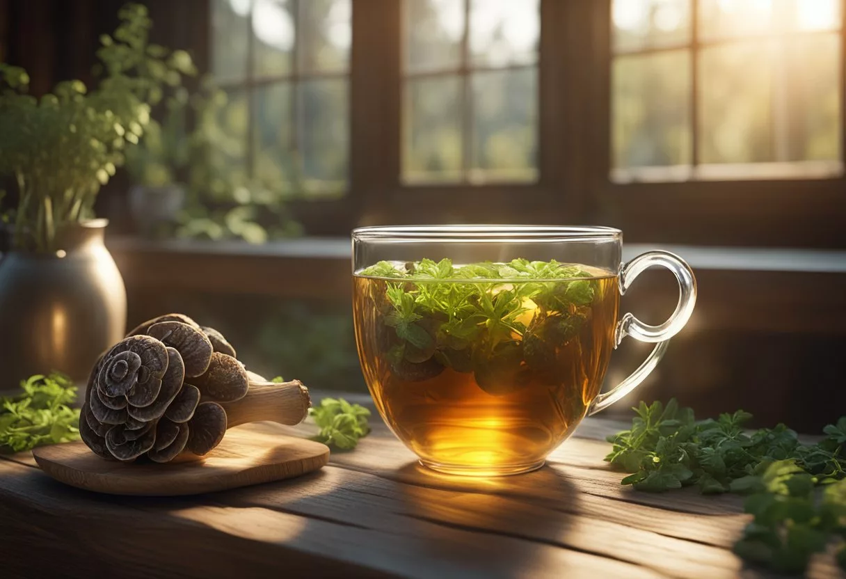 A steaming cup of turkey tail mushroom tea sits on a rustic wooden table, surrounded by fresh mushrooms and herbs. Sunlight filters through a nearby window, casting a warm glow on the scene