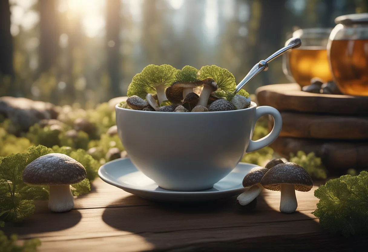 A steaming cup of turkey tail mushroom tea sits on a wooden table, surrounded by foraged mushrooms and a mortar and pestle