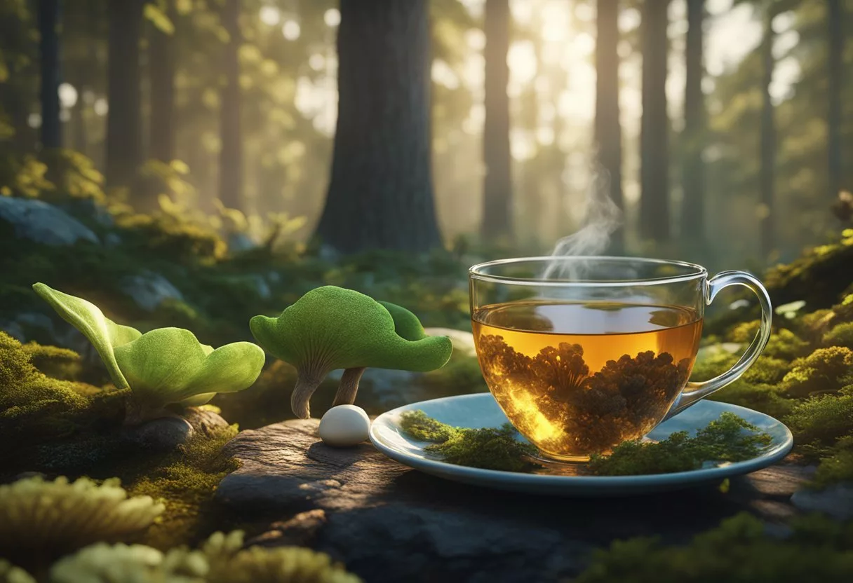 A steaming cup of turkey tail mushroom tea surrounded by vibrant fungi in a lush forest clearing