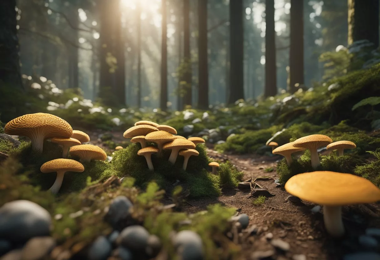 Lush forest floor with vibrant turkey tail mushrooms. A person carefully harvests them, preserving the ecosystem