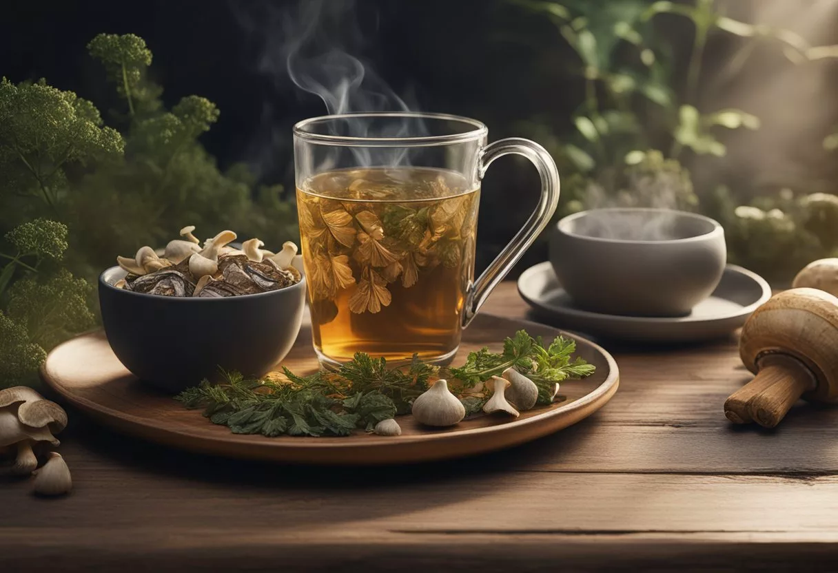 A steaming cup of turkey tail mushroom tea sits on a wooden table, surrounded by fresh mushrooms and a scattering of dried herbs and spices