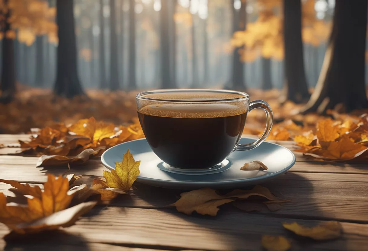 A steaming cup of turkey tail mushroom tea sits on a wooden table, surrounded by fallen leaves and a peaceful forest backdrop