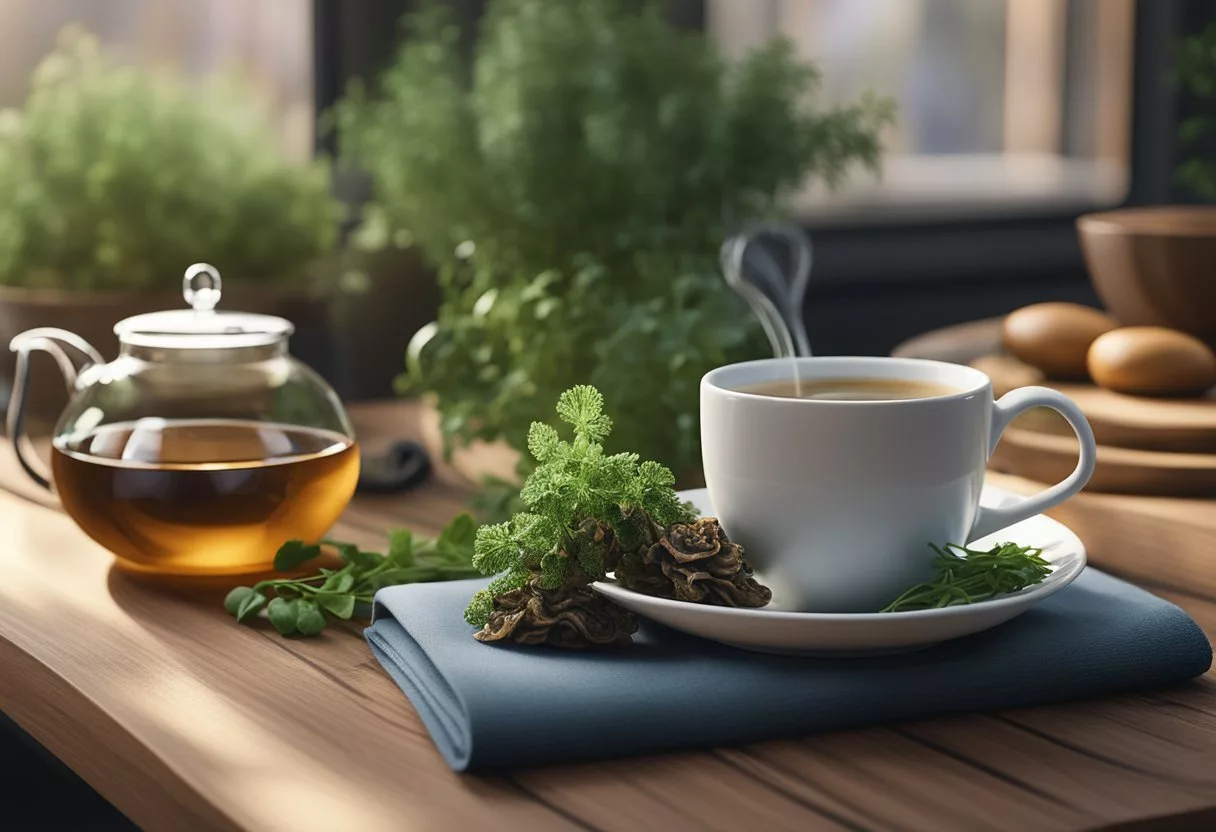 A steaming cup of turkey tail mushroom tea sits on a wooden table surrounded by fresh herbs and a yoga mat, evoking a sense of wellness and natural integration