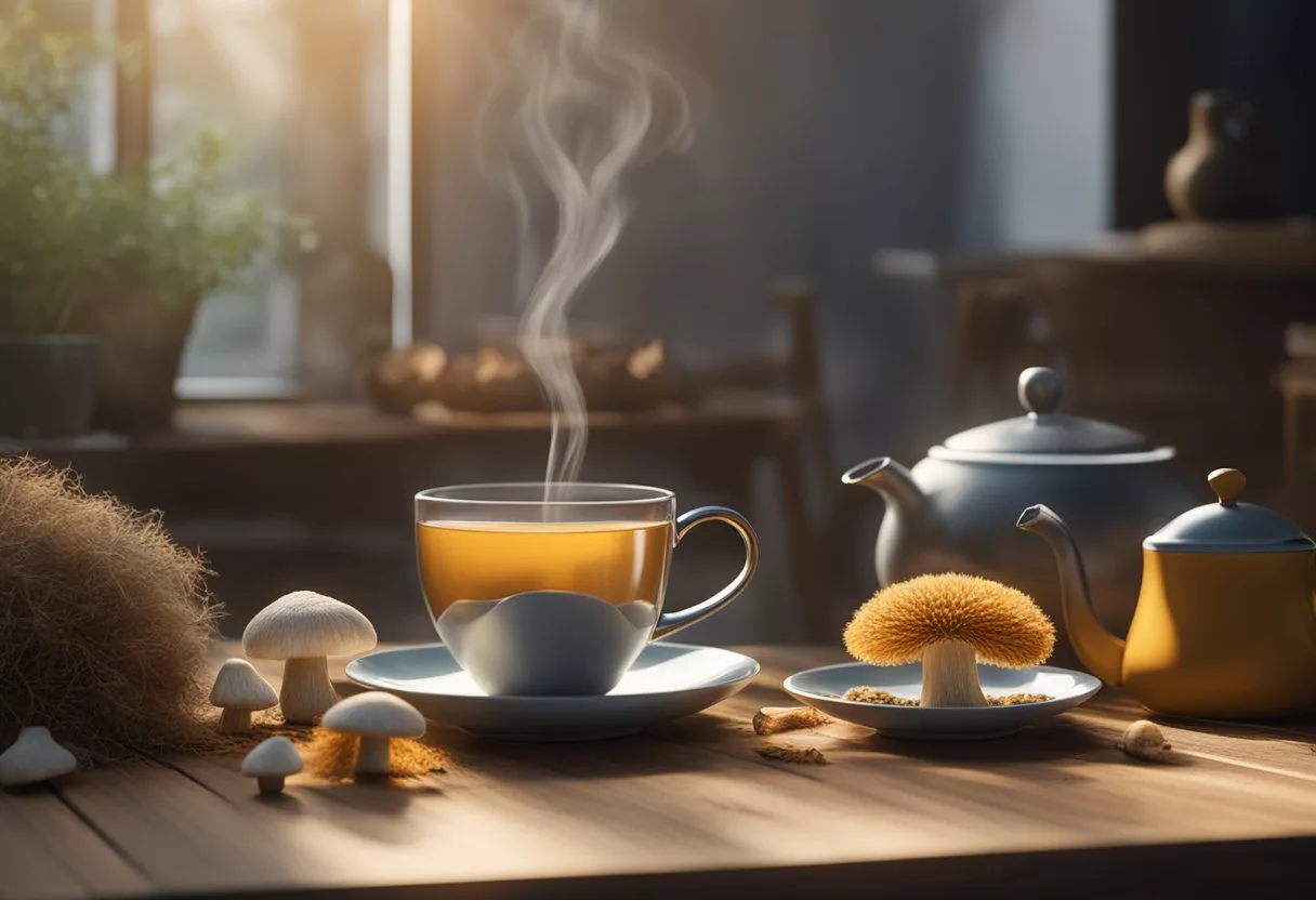 A steaming cup of lion's mane mushroom tea sits on a wooden table, surrounded by scattered dried mushrooms and a teapot