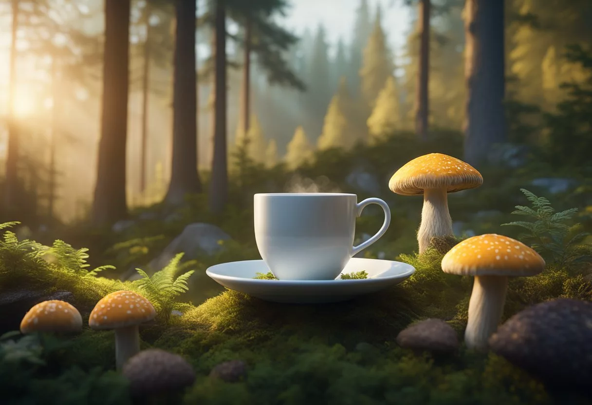 A steaming cup of lion's mane mushroom tea surrounded by vibrant mushrooms and a serene forest backdrop