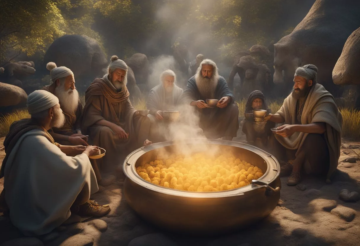 A group of ancient people gather around a boiling pot of lion's mane mushroom tea, symbolizing its historical and cultural significance