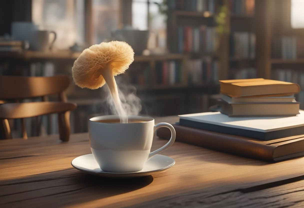 A steaming cup of lion's mane mushroom tea sits on a wooden table, surrounded by books on cultural perception and future trends