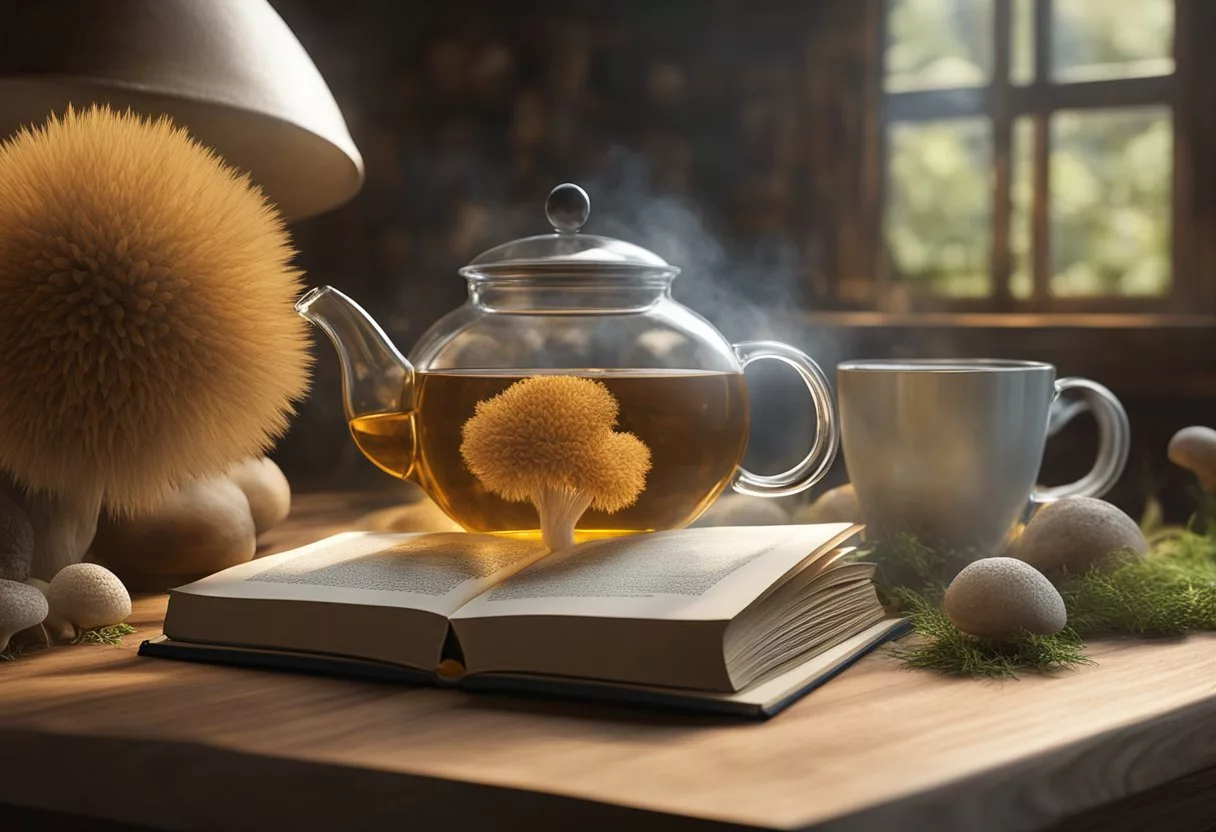 A lion's mane mushroom tea brews in a glass teapot on a wooden table, surrounded by fresh lion's mane mushrooms and a book on herbal remedies