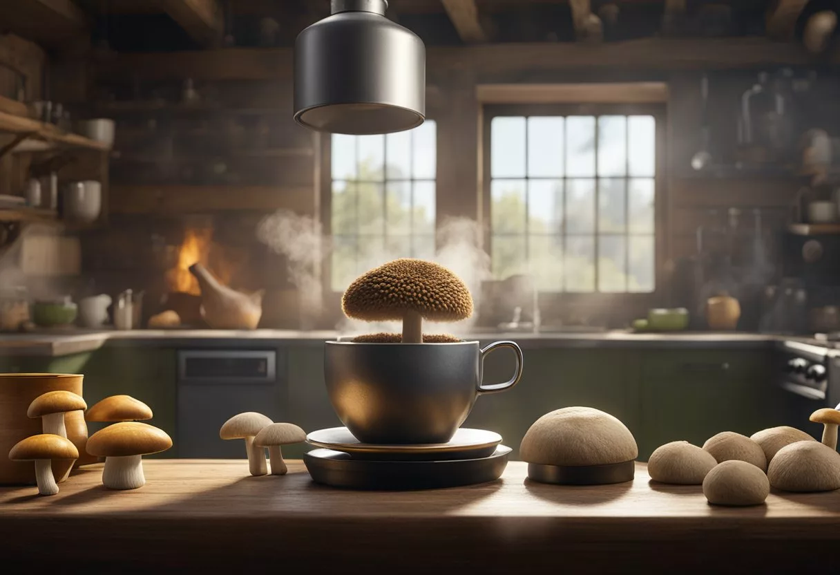 A lion's mane mushroom tea being brewed in a rustic kitchen, with steam rising from the cup and a pile of fresh mushrooms nearby