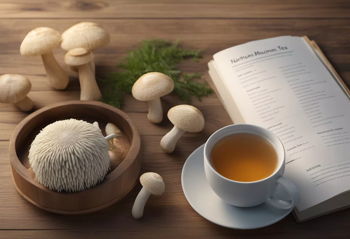 A steaming cup of lion's mane mushroom tea sits on a wooden table, surrounded by fresh mushrooms and a notepad with nutritional information