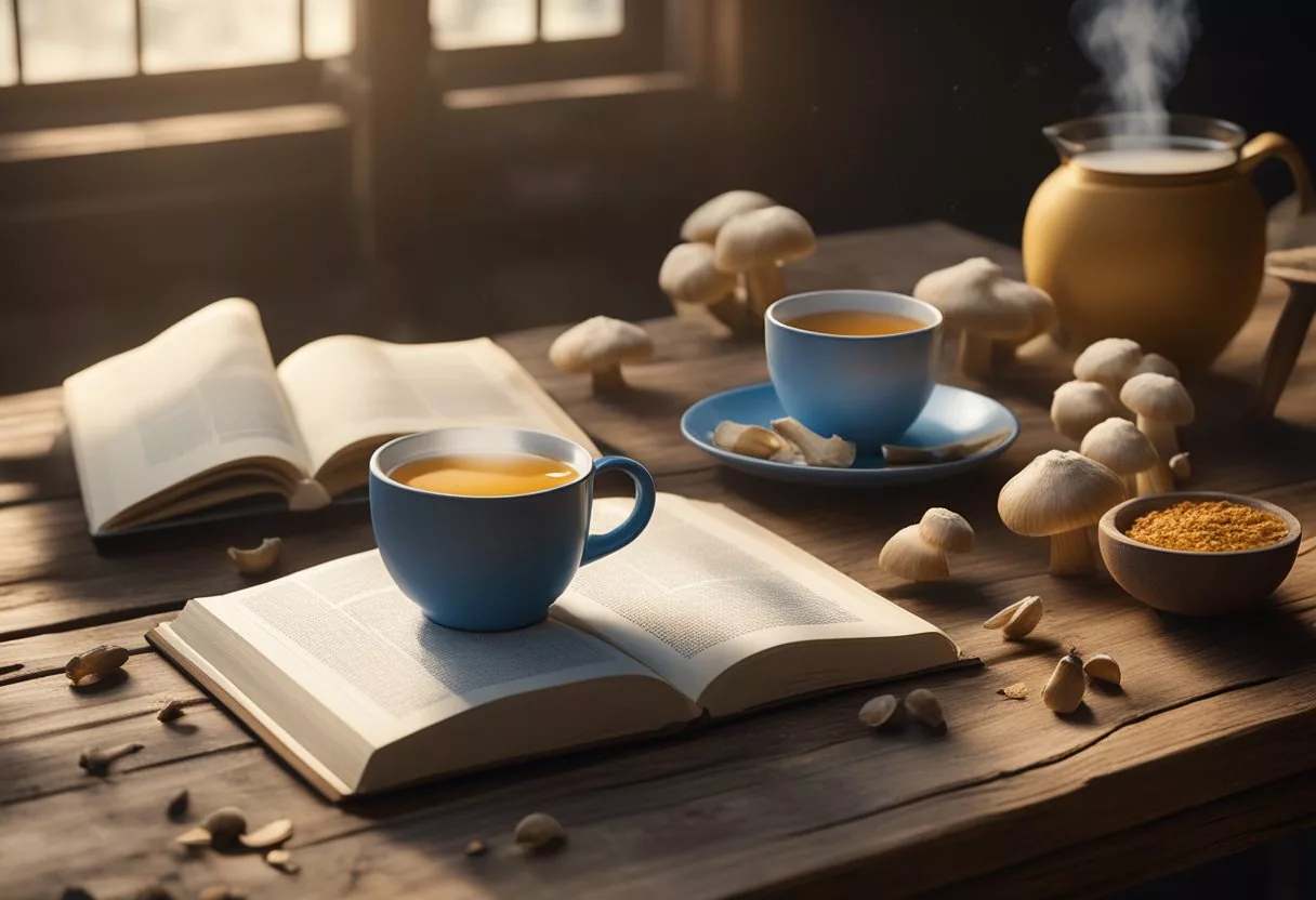 A steaming cup of lion's mane mushroom tea sits on a rustic wooden table, surrounded by scattered mushroom slices and a recipe book open to a page on culinary applications