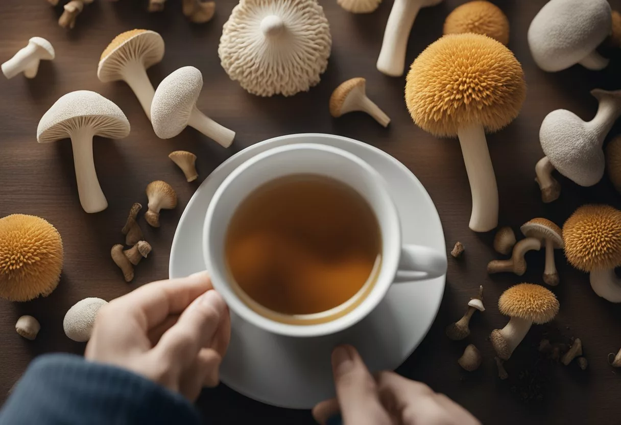 A hand holding a steaming cup of lion's mane mushroom tea, surrounded by fresh mushrooms and quality control equipment