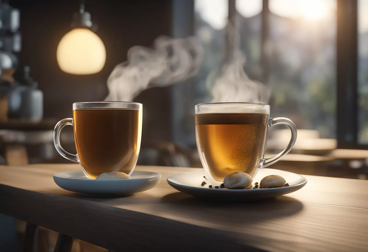 A steaming cup of mushroom tea sits next to a mug of mushroom coffee, highlighting the contrast between the two beverages