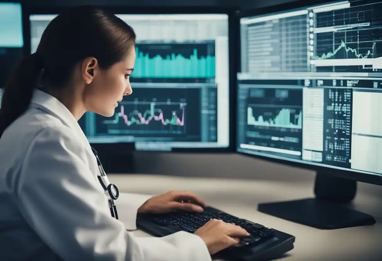 A doctor inputs patient data into a computer to calculate breast cancer risk assessment score