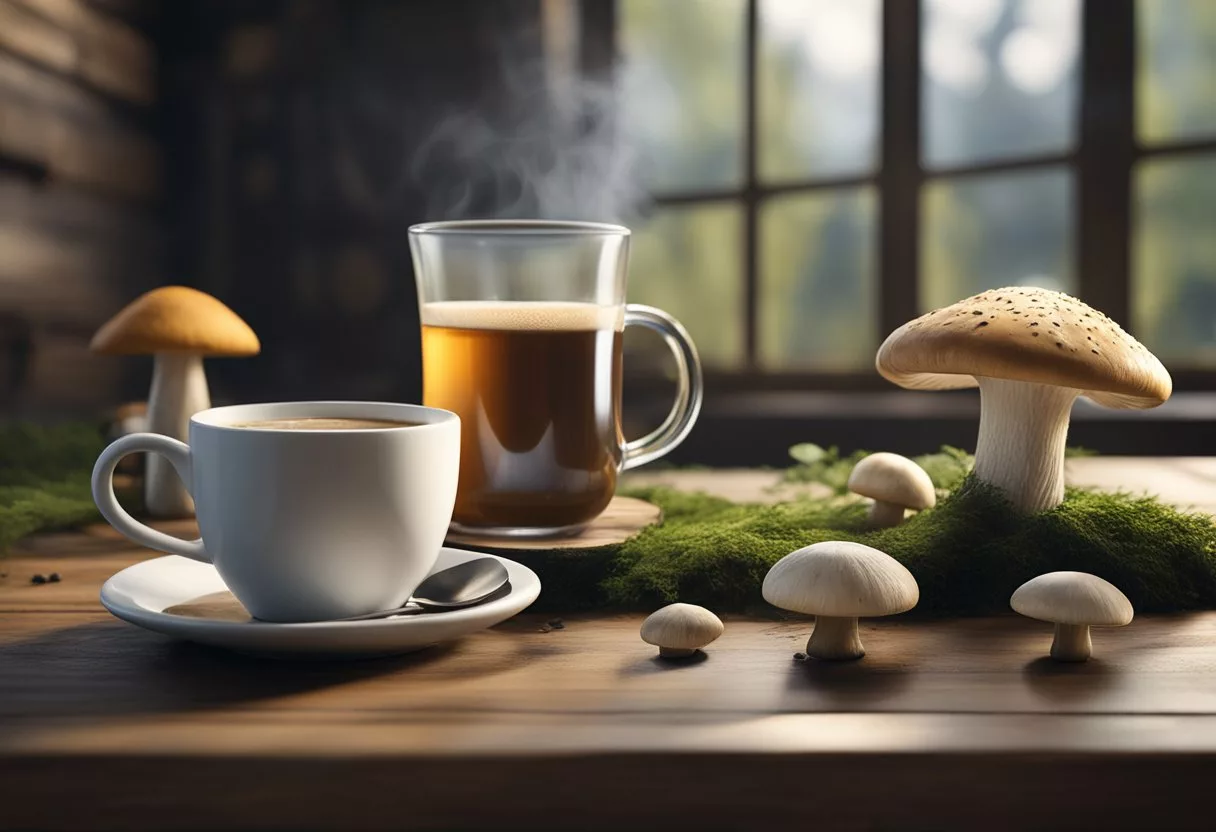 A steaming cup of mushroom tea next to a mug of mushroom coffee, surrounded by various types of mushrooms and a rustic wooden table