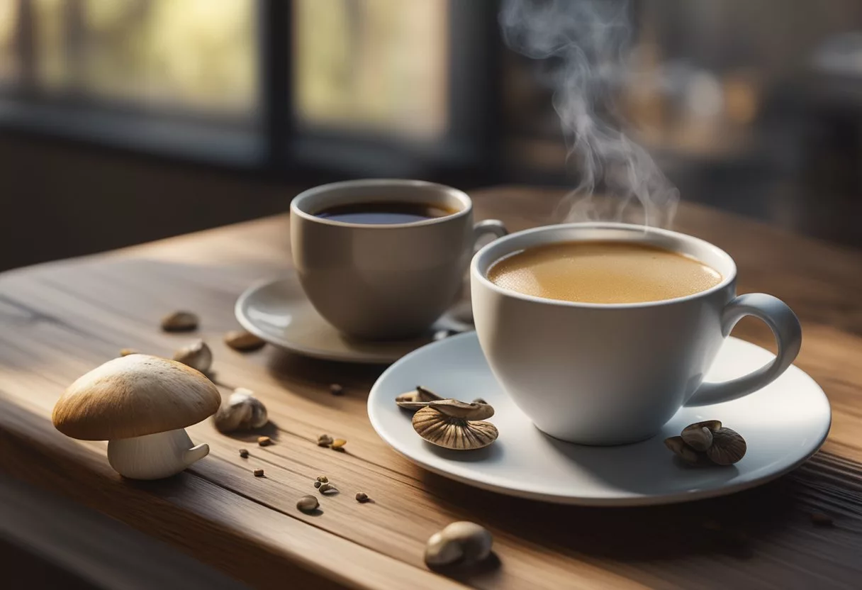 A steaming cup of mushroom tea sits next to a mug of mushroom coffee on a wooden table, surrounded by scattered dried mushrooms and coffee beans