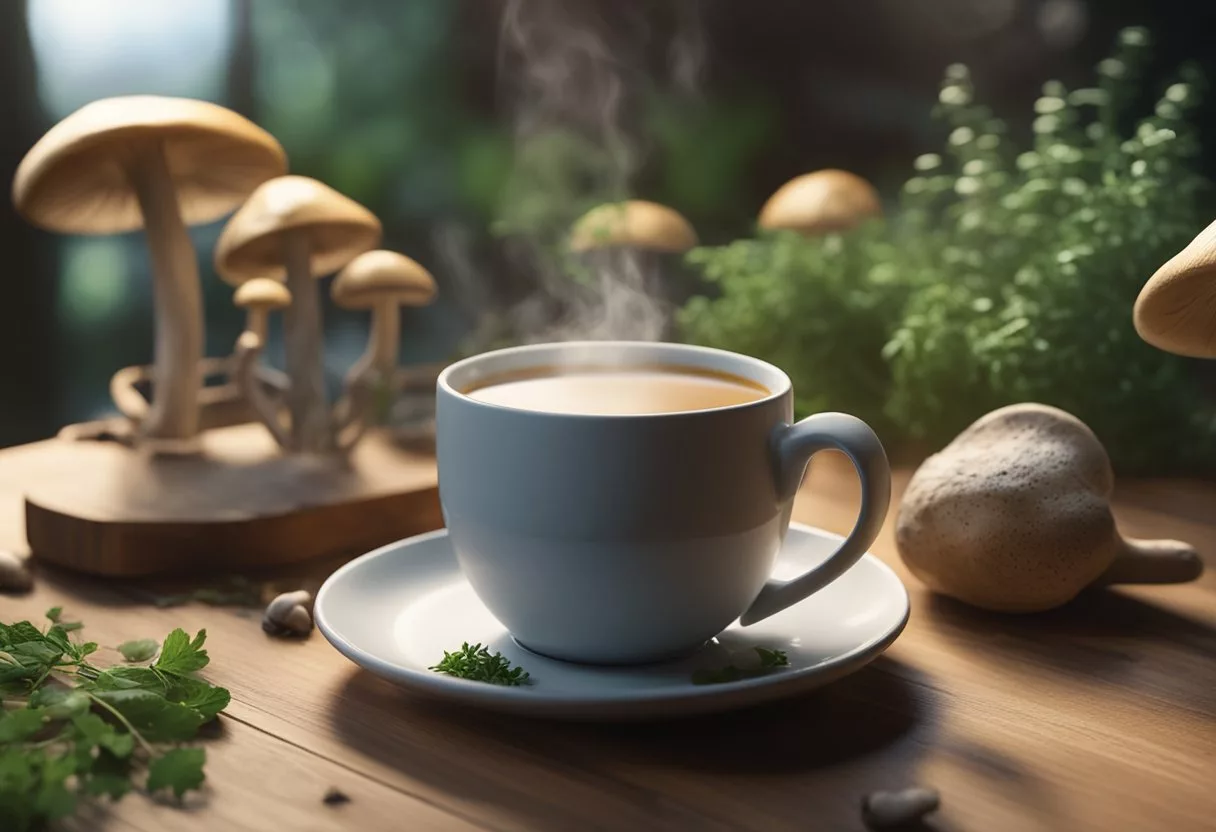 A steaming mug of mushroom tea sits next to a steaming mug of mushroom coffee on a wooden table, surrounded by fresh mushrooms and herbs. The tea is calming and earthy, while the coffee is rich and energizing