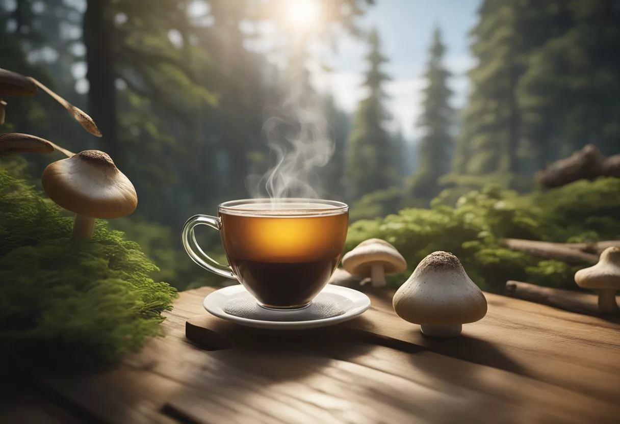 A steaming cup of mushroom tea sits next to a mug of mushroom coffee. The tea is surrounded by calming images of nature, while the coffee is surrounded by energizing images of movement and activity