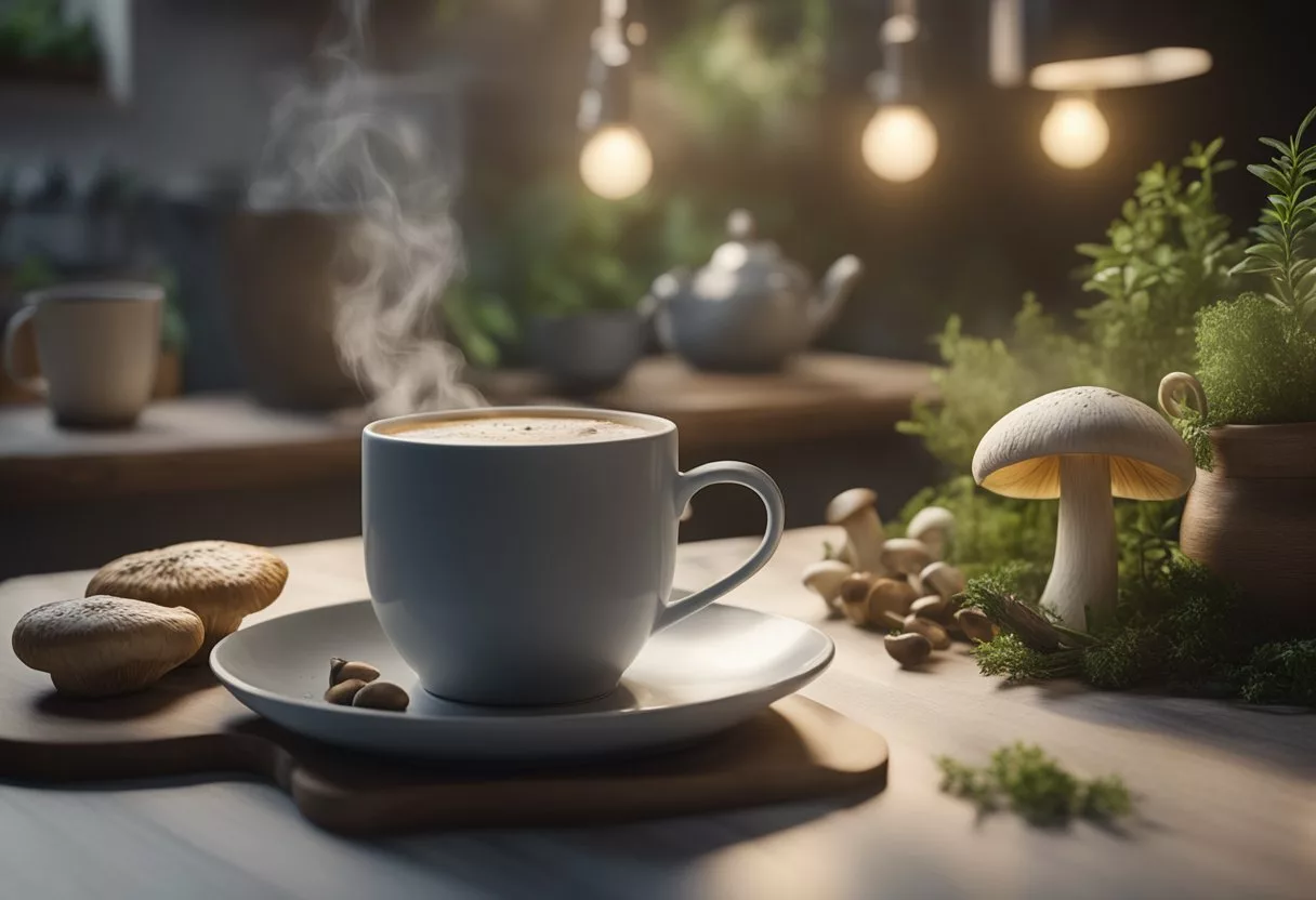 A cozy kitchen setting with a steaming cup of mushroom tea next to a stylish mug of mushroom coffee, surrounded by natural elements like mushrooms and herbs