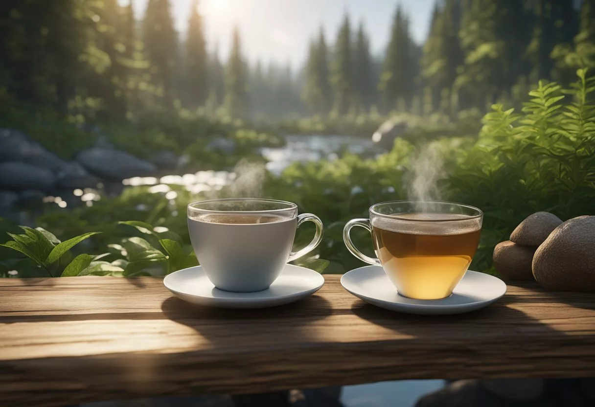 Mushroom tea and coffee sit side by side on a rustic wooden table, surrounded by lush greenery. A gentle stream flows in the background, symbolizing the natural and environmental elements associated with both beverages