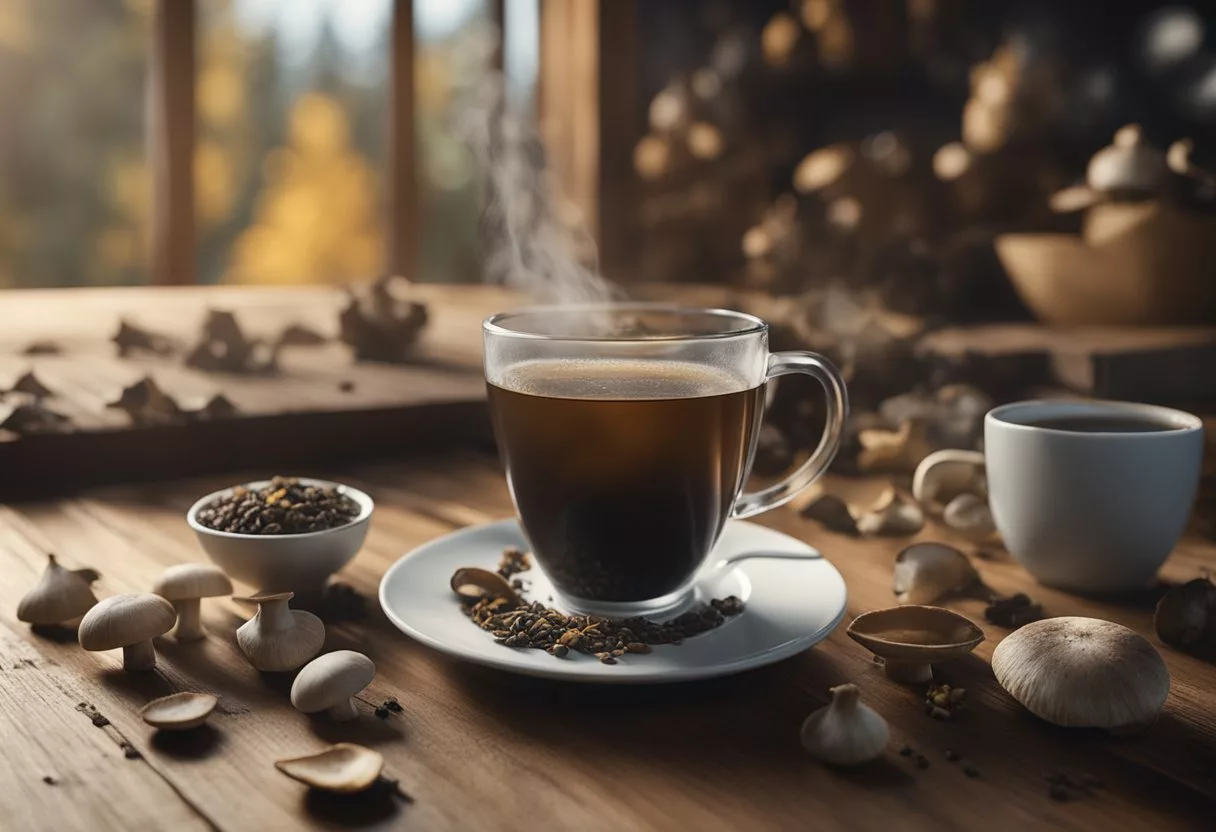 A steaming cup of mushroom tea sits next to a mug of mushroom coffee on a rustic wooden table, surrounded by scattered dried mushrooms and a small pile of loose tea leaves