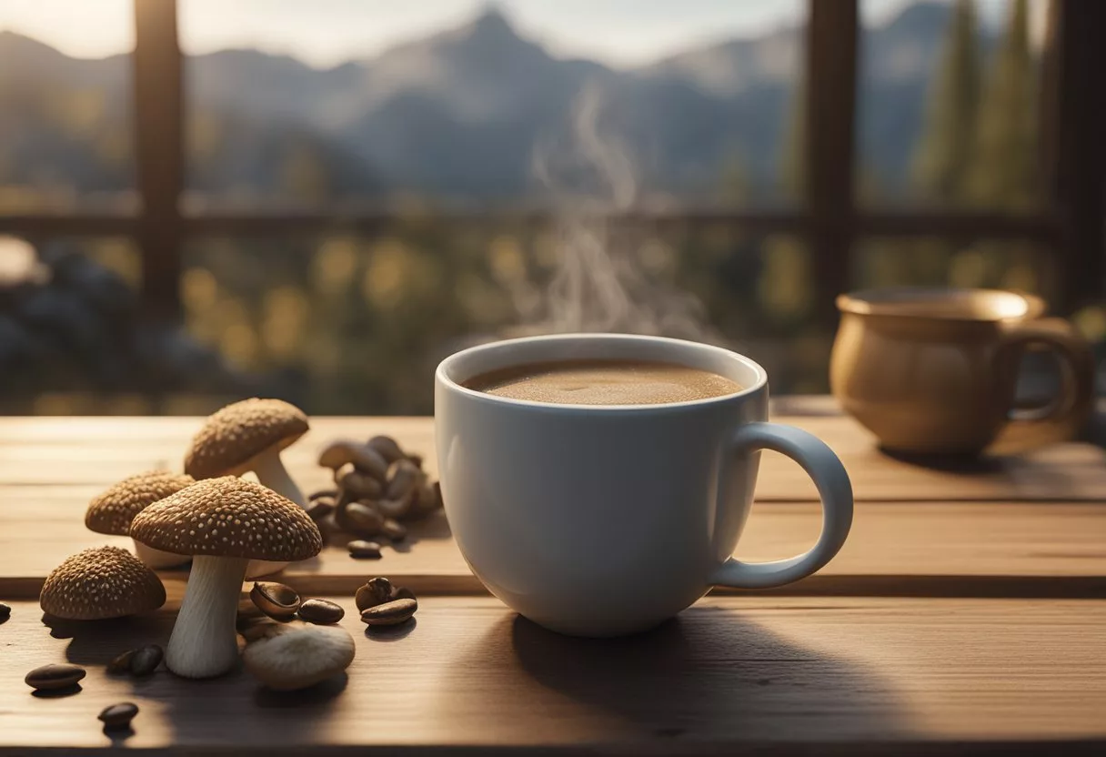 A steaming cup of mushroom tea and a mug of mushroom coffee sit side by side on a wooden table, surrounded by scattered dried mushrooms and coffee beans. The tea is a rich amber color, while the coffee is a deep brown