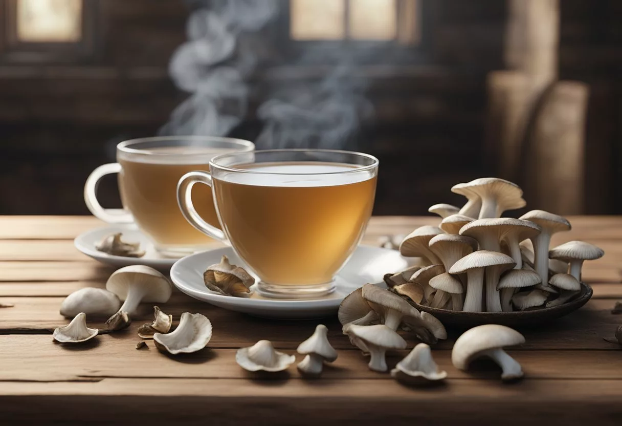 A steaming cup of oyster mushroom tea sits on a rustic wooden table, surrounded by scattered dried mushroom slices and a few fresh oyster mushrooms