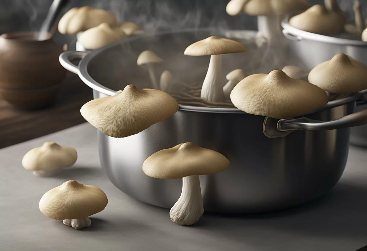 Oyster mushrooms steep in a pot of hot water, releasing earthy aroma