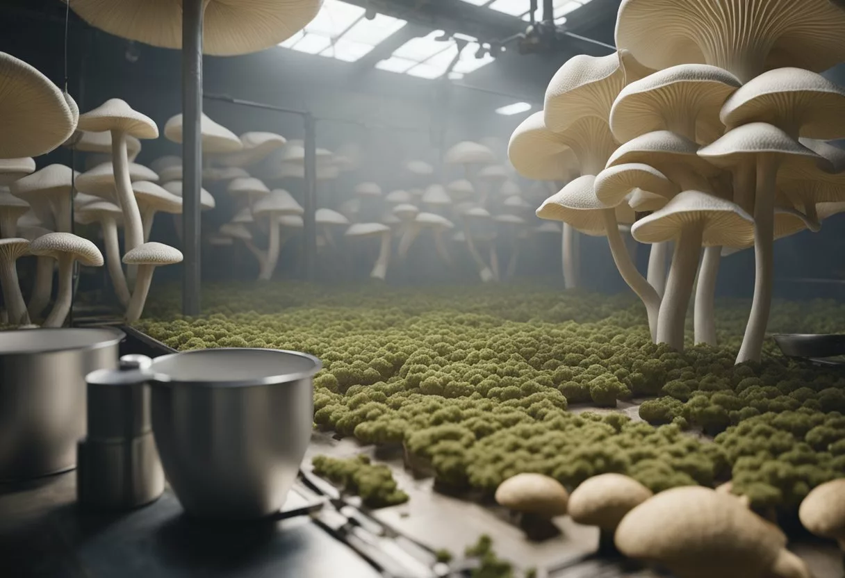 Oyster mushrooms grow in a cultivation room. Workers harvest the mature mushrooms. A pot steams with oyster mushroom tea brewing