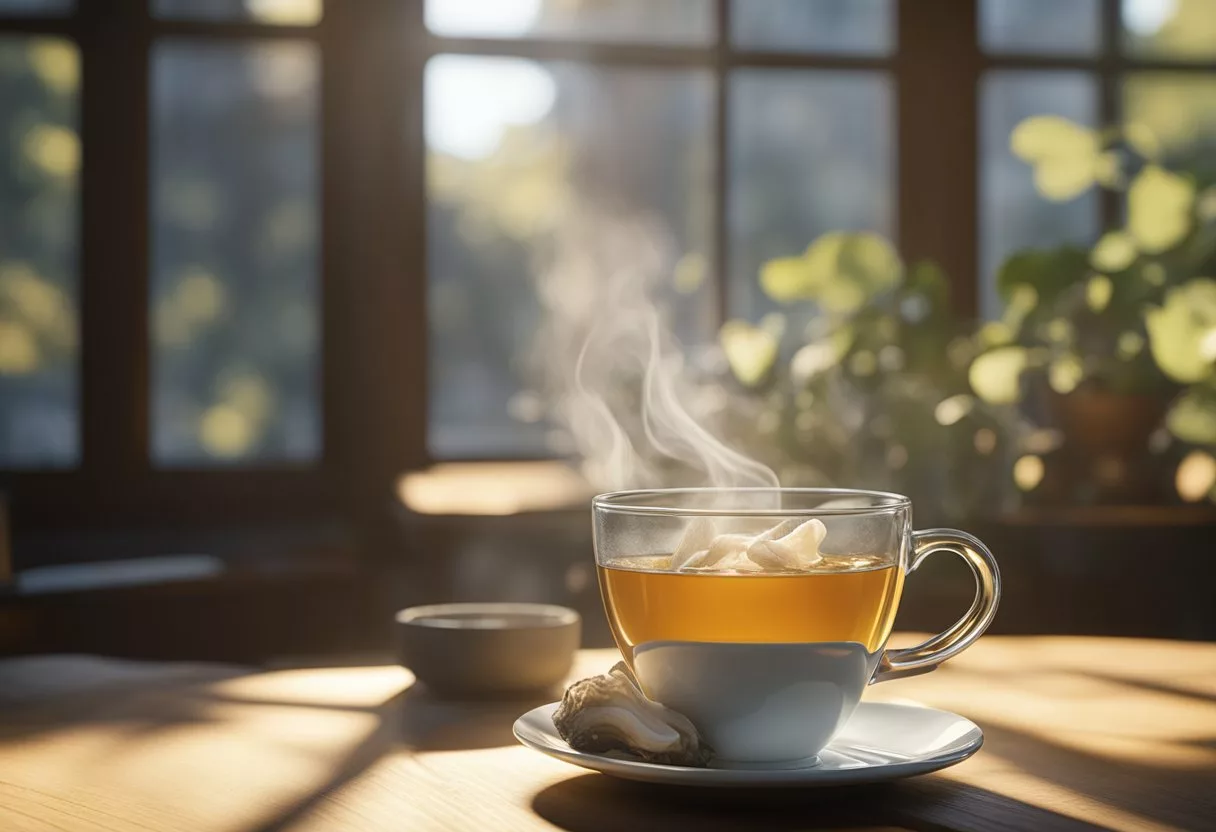 A steaming cup of oyster mushroom tea sits on a wooden table, surrounded by fresh oyster mushrooms and a few loose tea leaves. Sunlight filters through a window, casting a warm glow on the scene