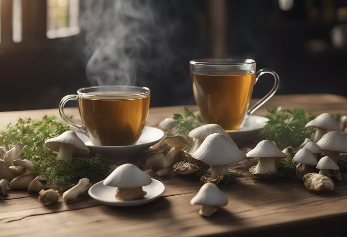 A steaming cup of oyster mushroom tea sits on a wooden table surrounded by fresh mushrooms and a scattering of dried herbs