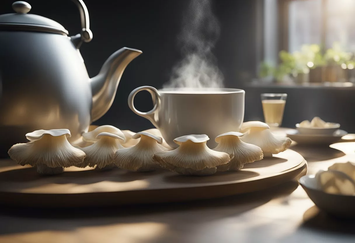 Oyster mushrooms steeping in hot water, steam rising, a teapot and cups nearby