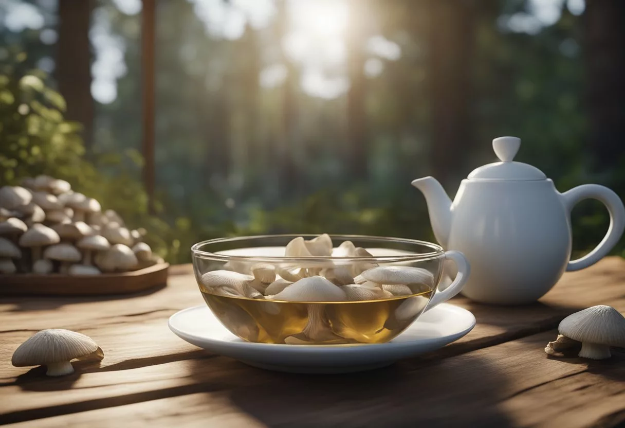 A steaming cup of oyster mushroom tea sits on a wooden table, surrounded by fresh mushrooms and a calm, natural setting