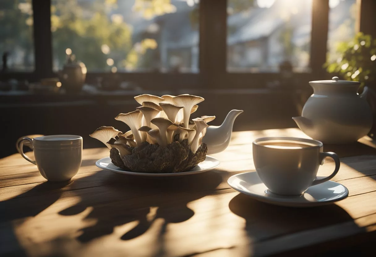 A steaming cup of oyster mushroom tea sits on a wooden table, surrounded by fresh oyster mushrooms and a rustic teapot. Sunlight streams through a nearby window, casting a warm glow on the scene