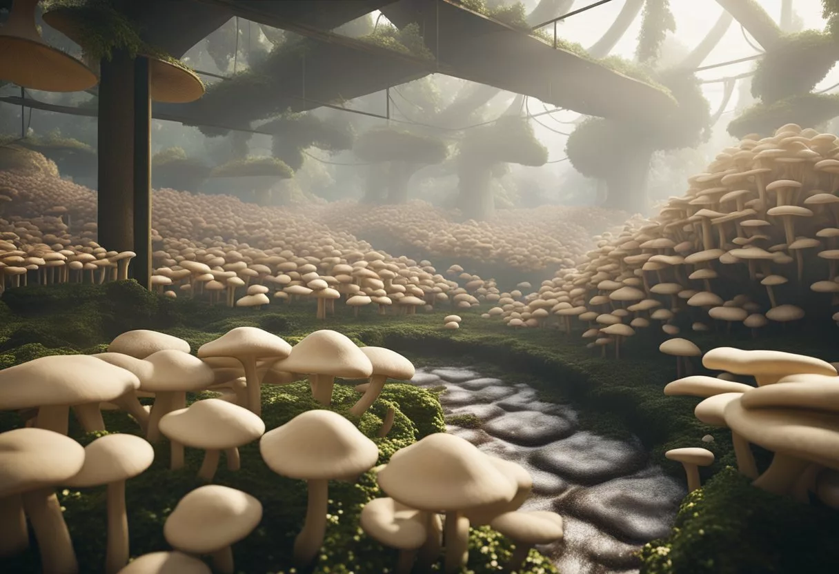 Lush oyster mushroom farm with rows of thriving fungi. Steam rises from a bubbling pot of mushroom tea. Eco-friendly practices evident