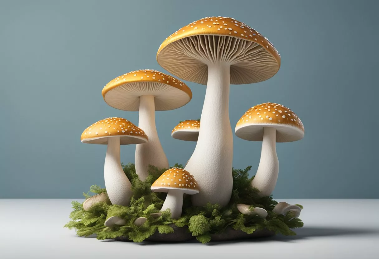 A stack of adaptogenic mushroom varieties with a "Frequently Asked Questions Guide" placed beside them