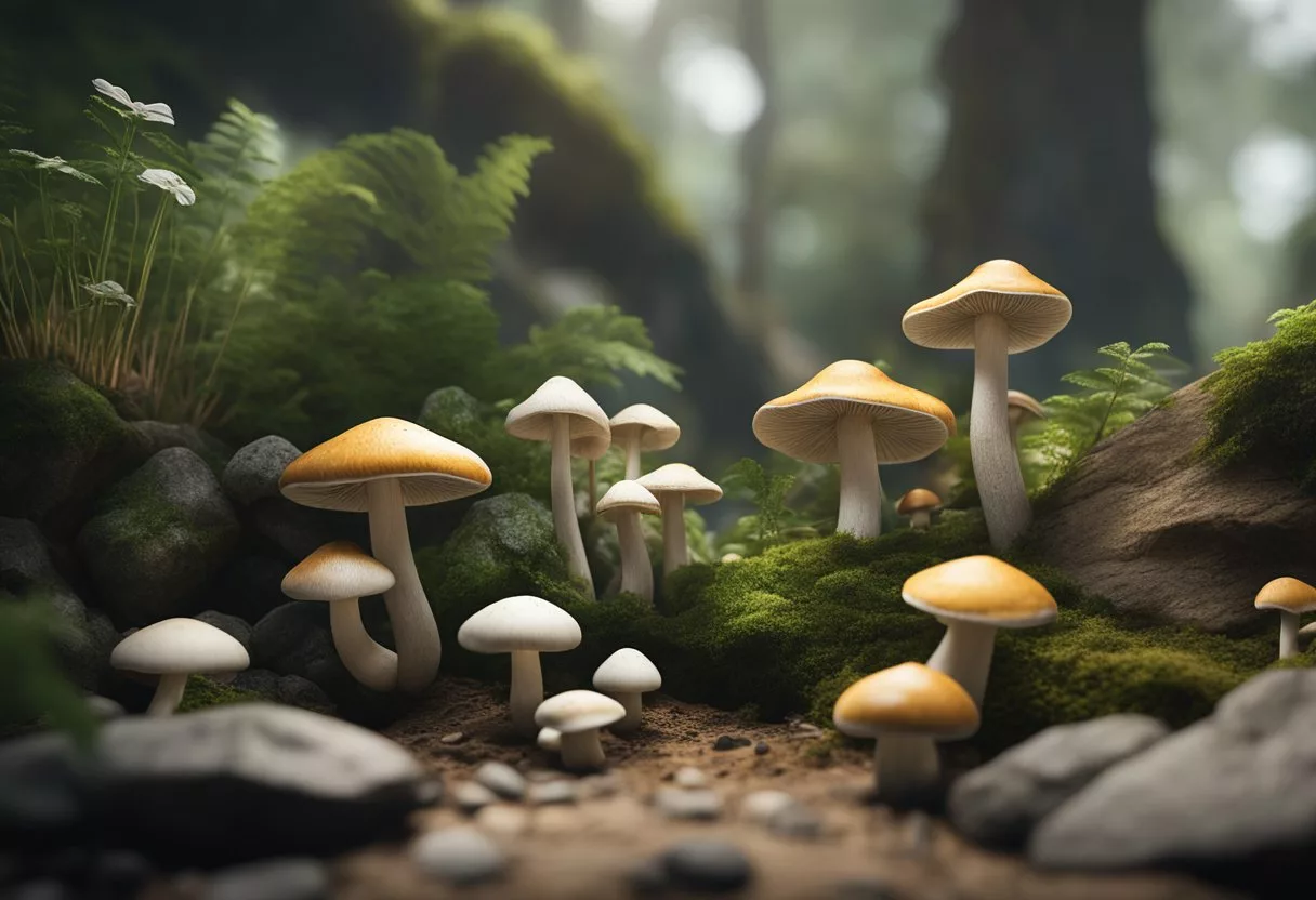 A variety of adaptogenic mushrooms displayed with informative labels and a guide book, surrounded by natural elements like plants and rocks