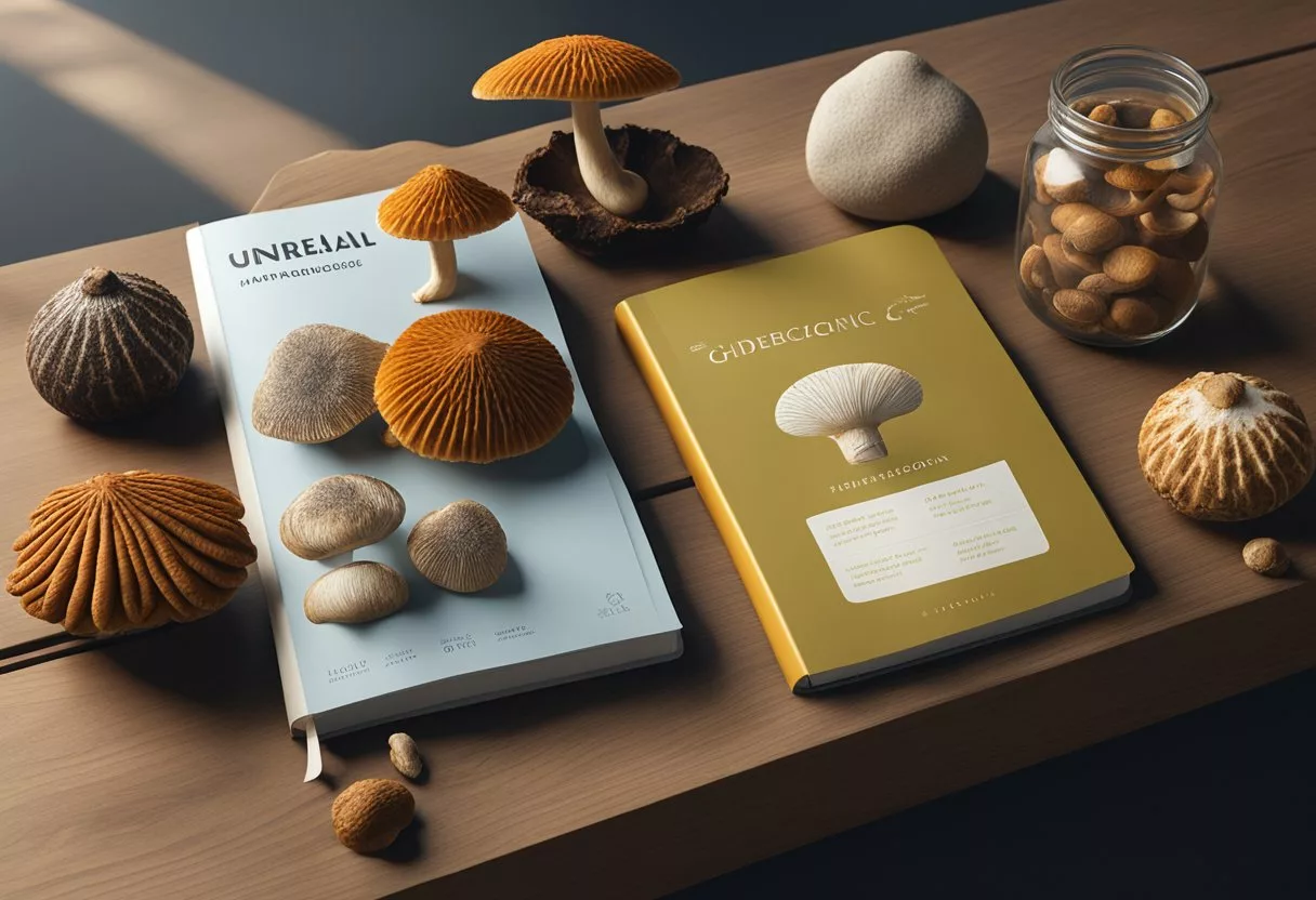 Various adaptogenic mushrooms (Reishi, Chaga, Cordyceps) arranged on a wooden table with a labeled guidebook open beside them