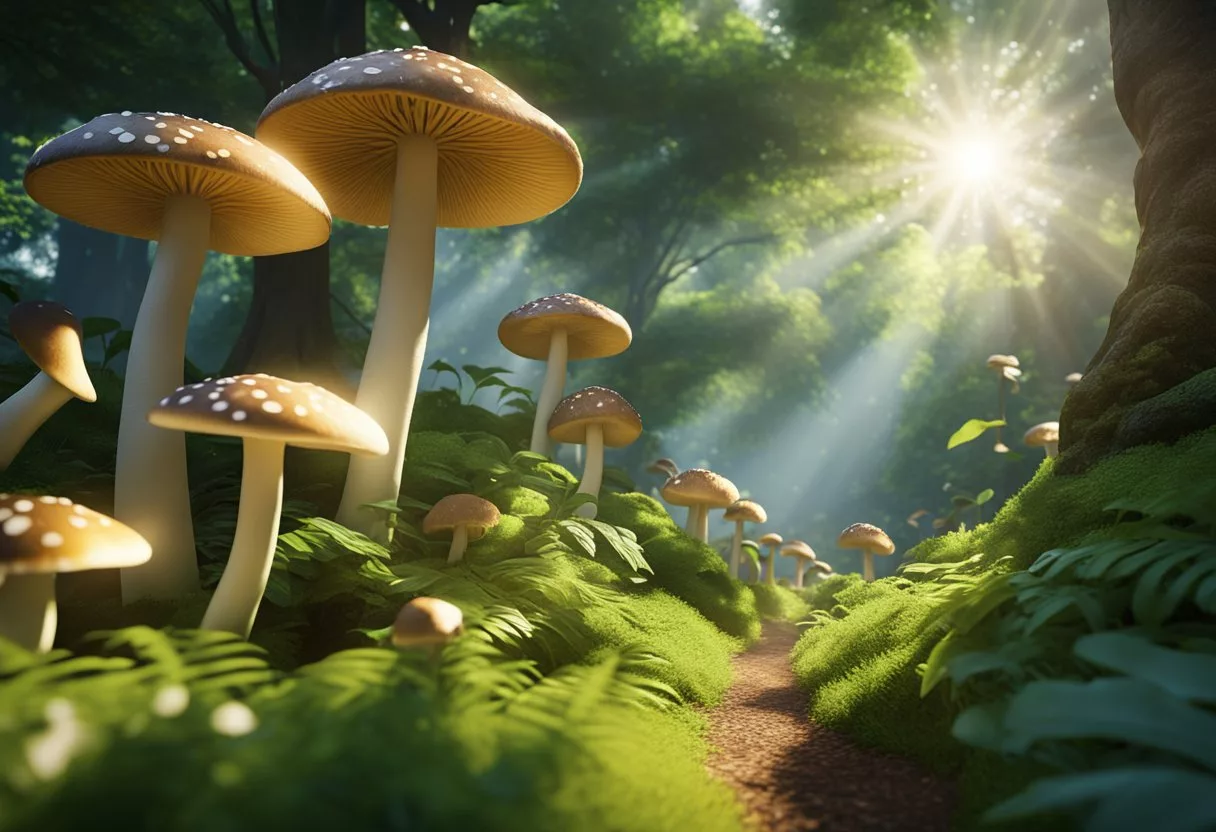 A variety of adaptogenic mushrooms surrounded by vibrant green foliage, with rays of sunlight shining through the canopy, symbolizing the core health benefits of adaptogens