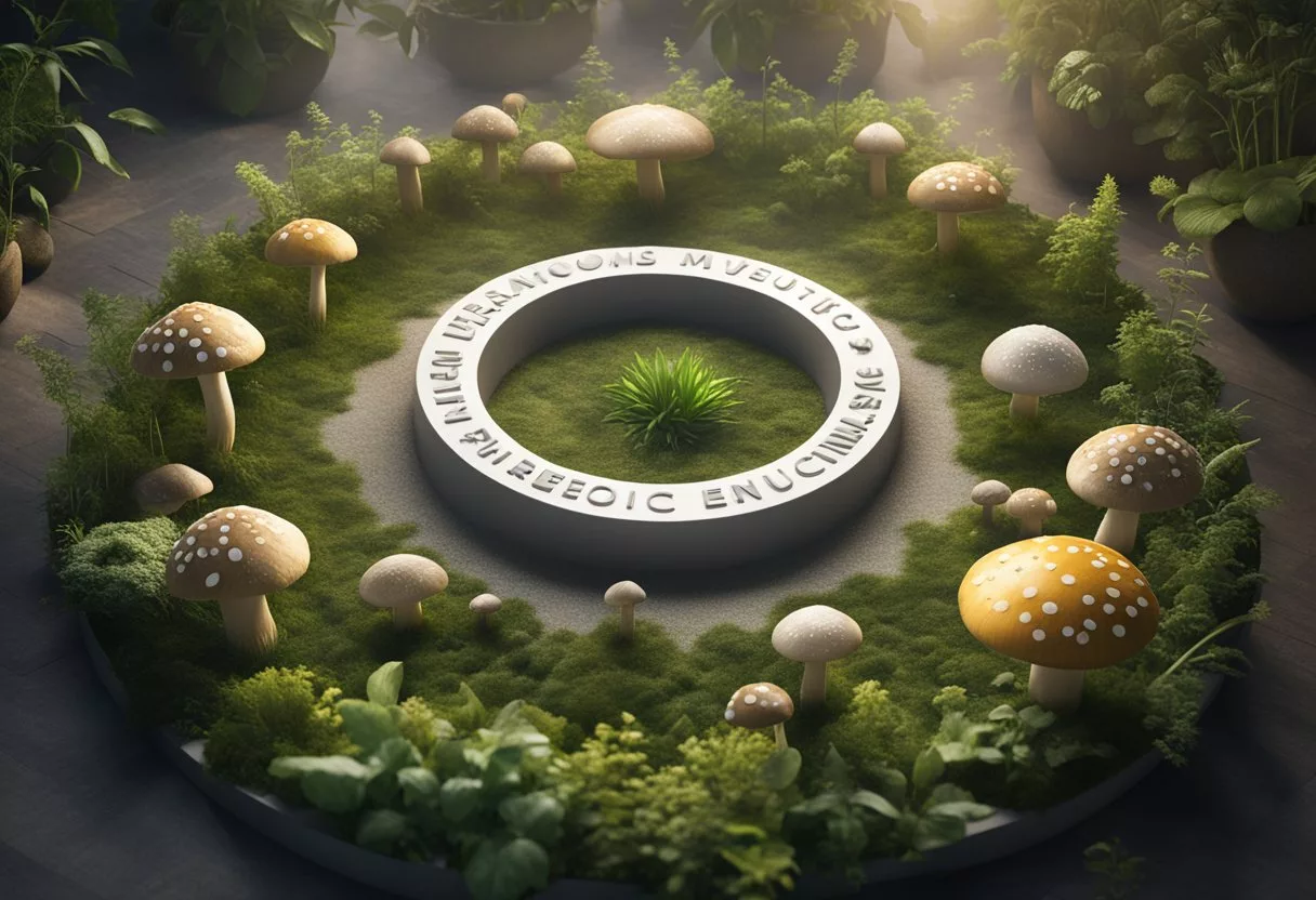 Adaptogenic mushrooms arranged in a circle, labeled with names and benefits, surrounded by plants and herbs