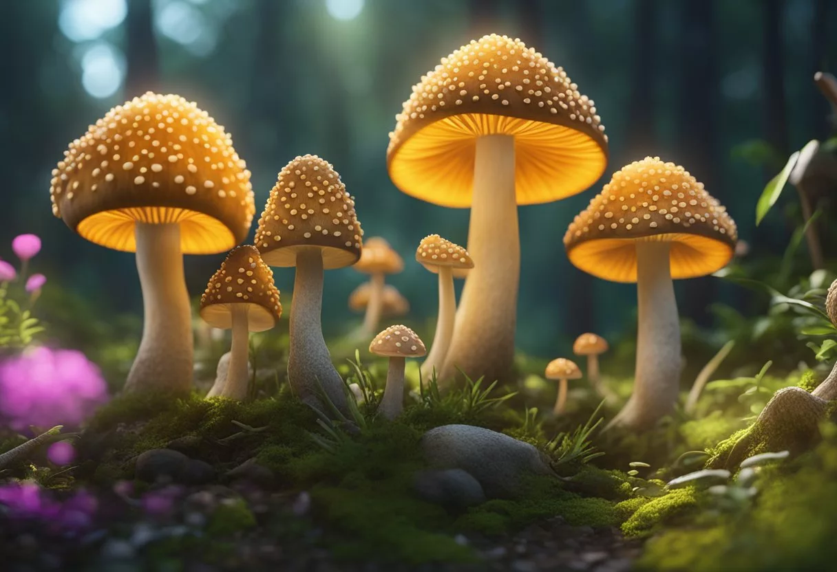 Adaptogenic mushrooms emit bioactive compounds, glowing with vibrant colors and emitting a sense of vitality and resilience