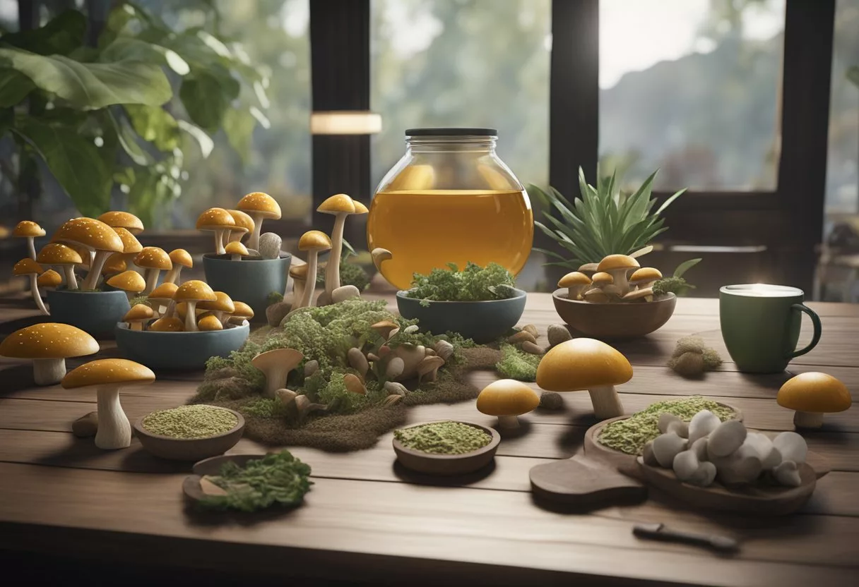 A table with various adaptogenic mushrooms, a guidebook, and safety equipment like gloves and masks