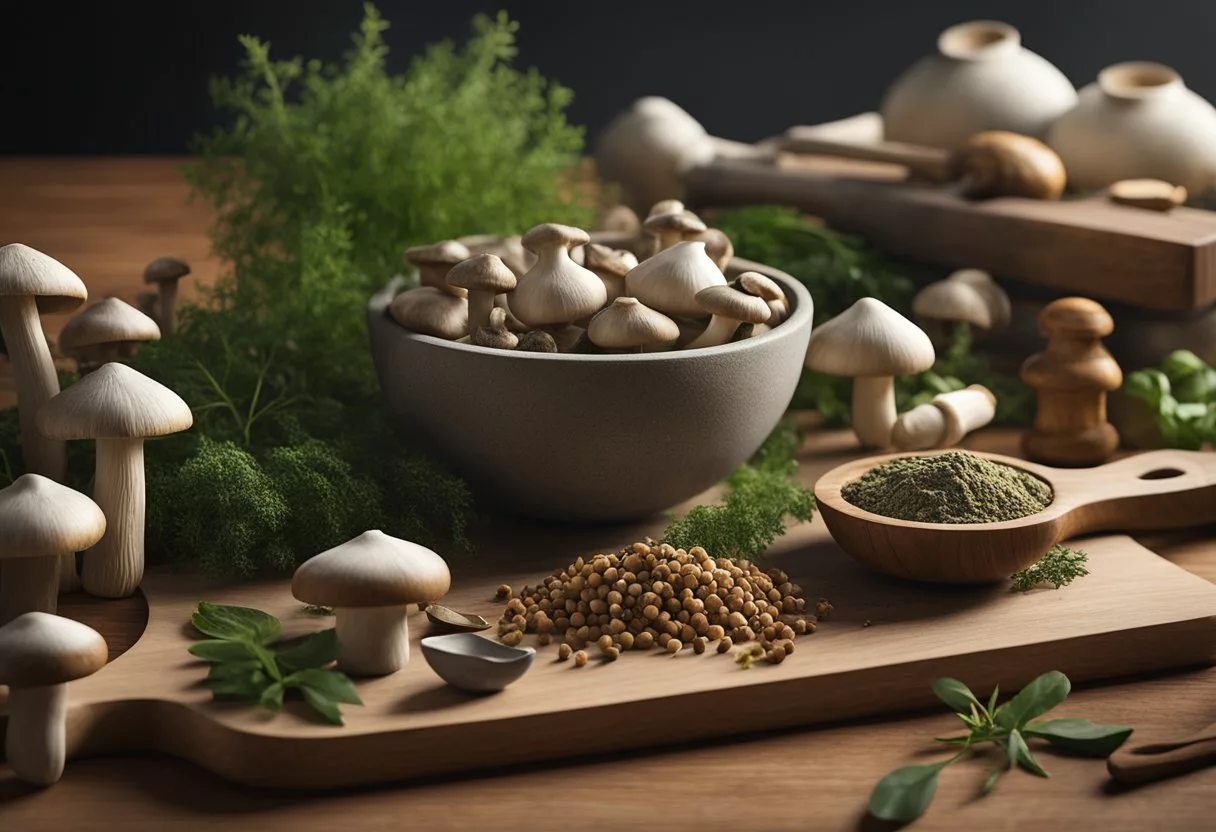 A variety of adaptogenic mushrooms are arranged on a wooden cutting board, surrounded by fresh herbs and spices. A mortar and pestle sits nearby, ready to grind the ingredients into a powder